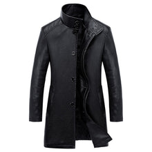 Load image into Gallery viewer, New Luxury Trench Leather Coat Mens Single breasted Business Casual Leather Jacket Male Black Long PU Coat Big Size 4XL