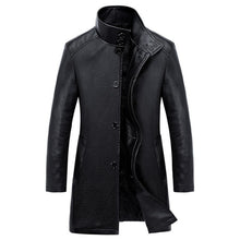 Load image into Gallery viewer, New Luxury Trench Leather Coat Mens Single breasted Business Casual Leather Jacket Male Black Long PU Coat Big Size 4XL